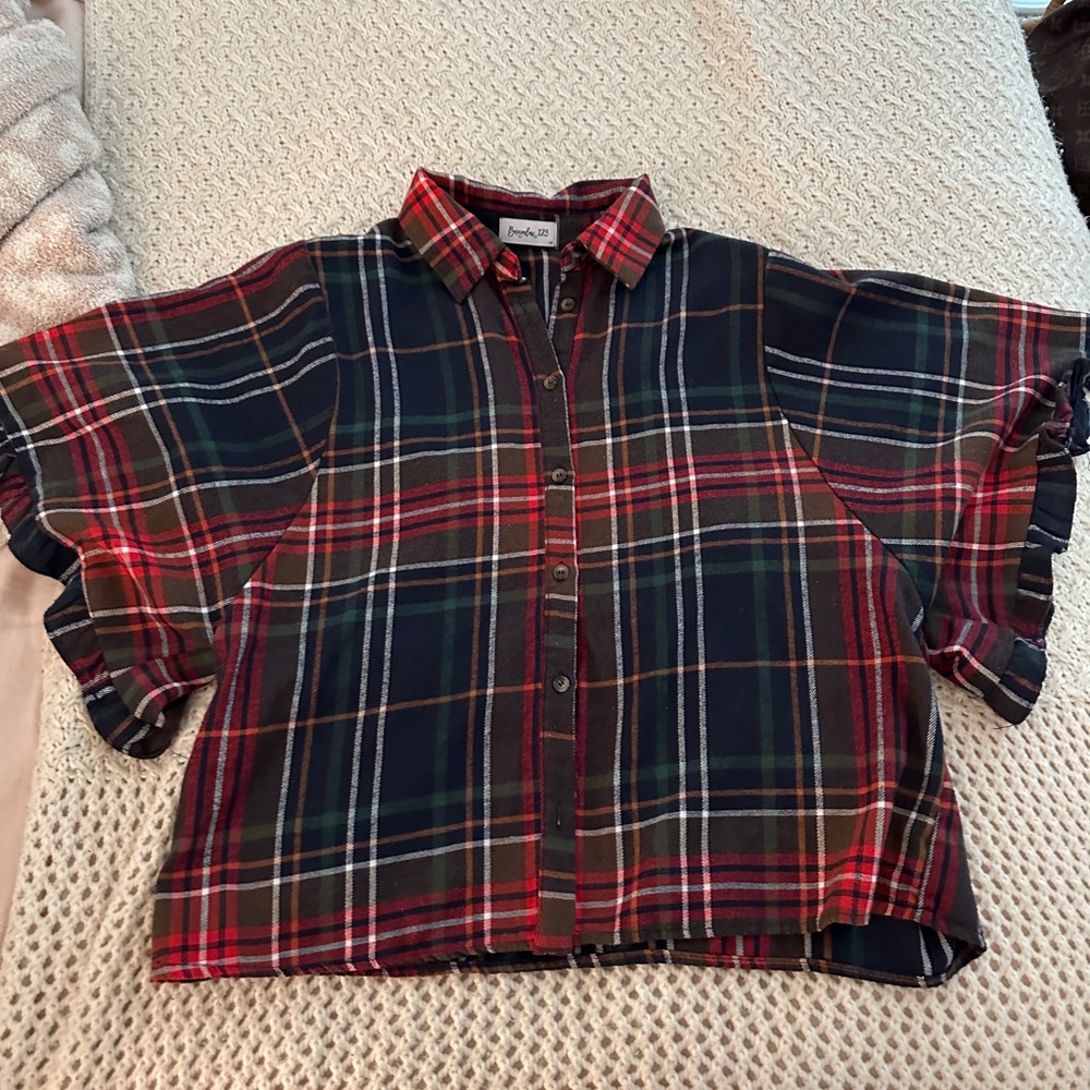 Flannel button down ruffle sleeve top in medium! Worn and washed once!